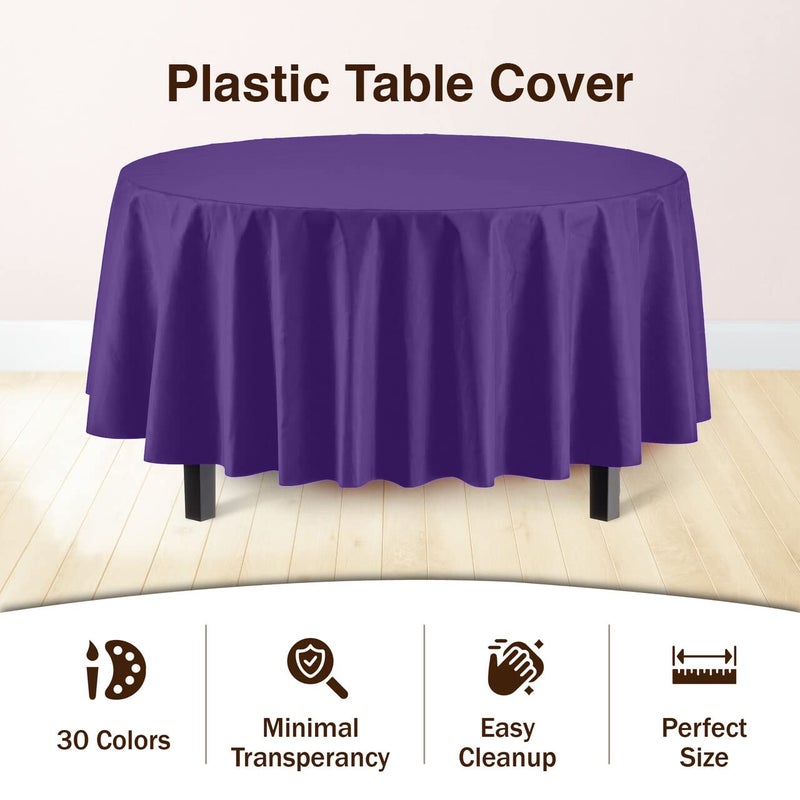 Party Solids 6-Pack Premium Plastic Tablecloth 84in. Round Plastic Table Cover - Purple - Image 3